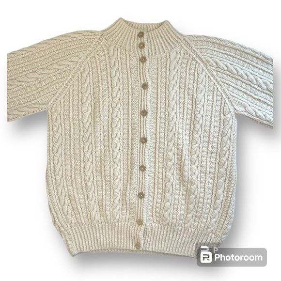 Hand Knit Chunky Sweater Cable Knit Wool Grandma Fisherman Cardigan Cream - Picture 5 of 11